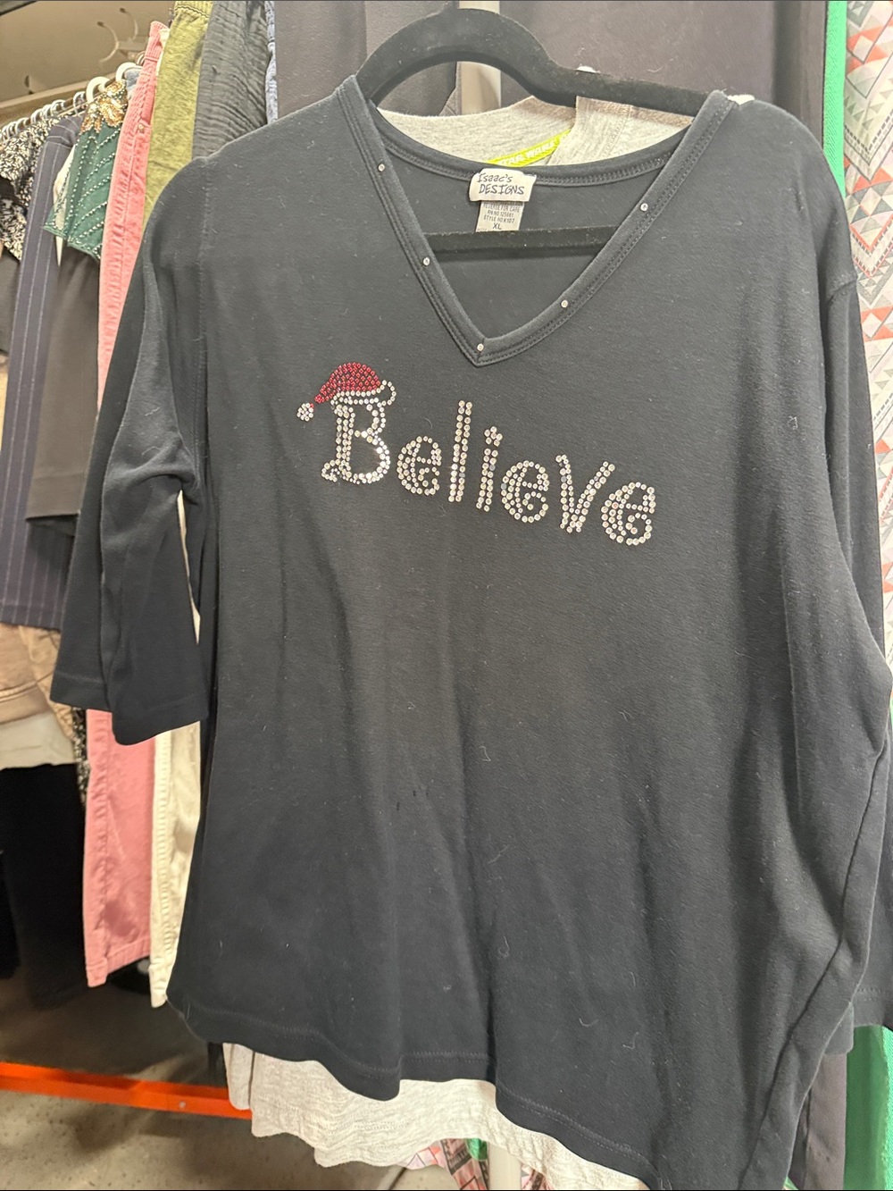 Women's Black 'Believe' Rhinestone V-Neck Long Sleeve Tee